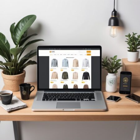 Site e-commerce professionnel affiché sur un écran d'ordinateur, présentant des images de produits de haute qualité et des éléments de design modernes.